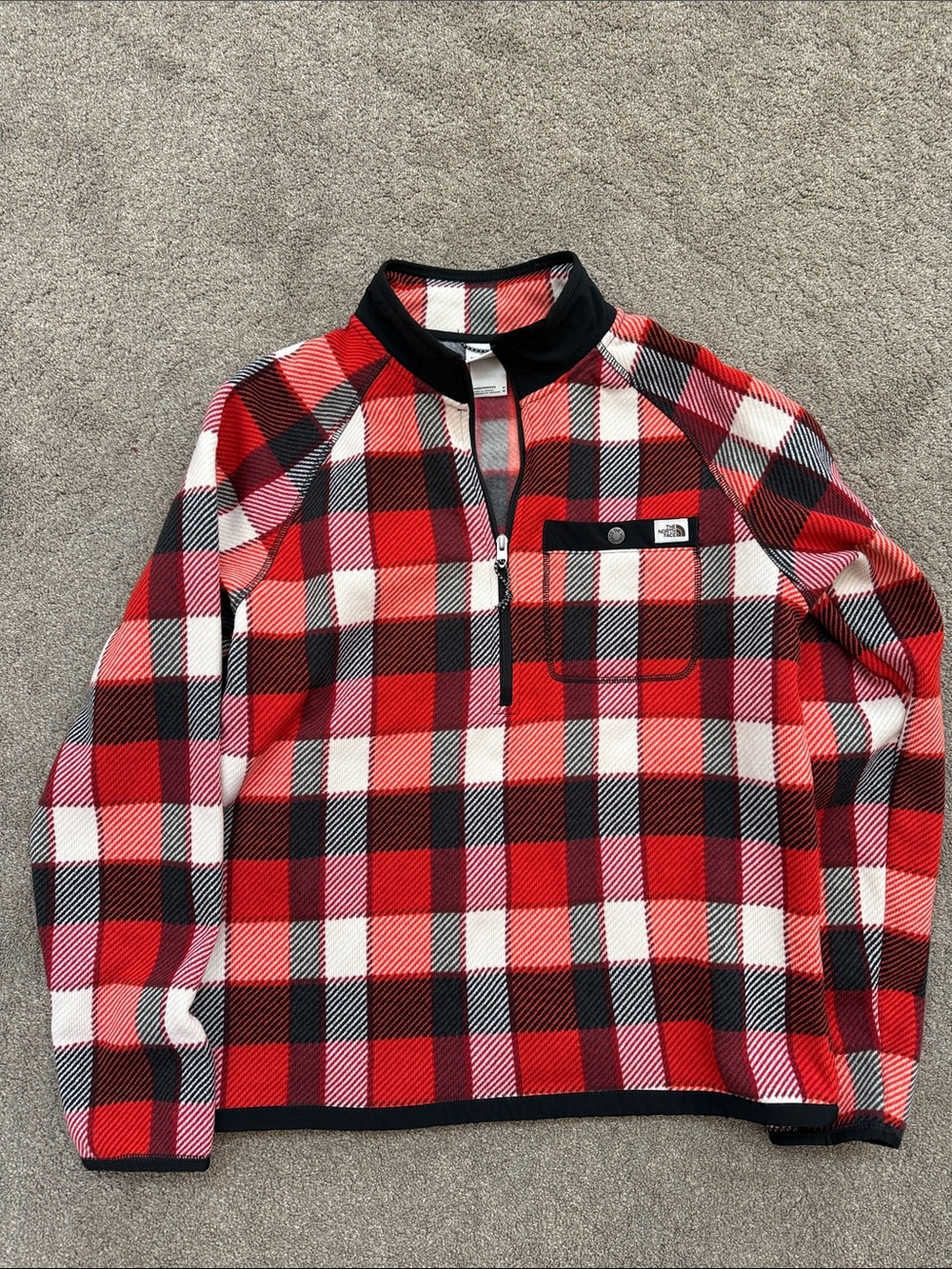 The North Face Red Black White Plaid Half-Zip Fleece Pullover